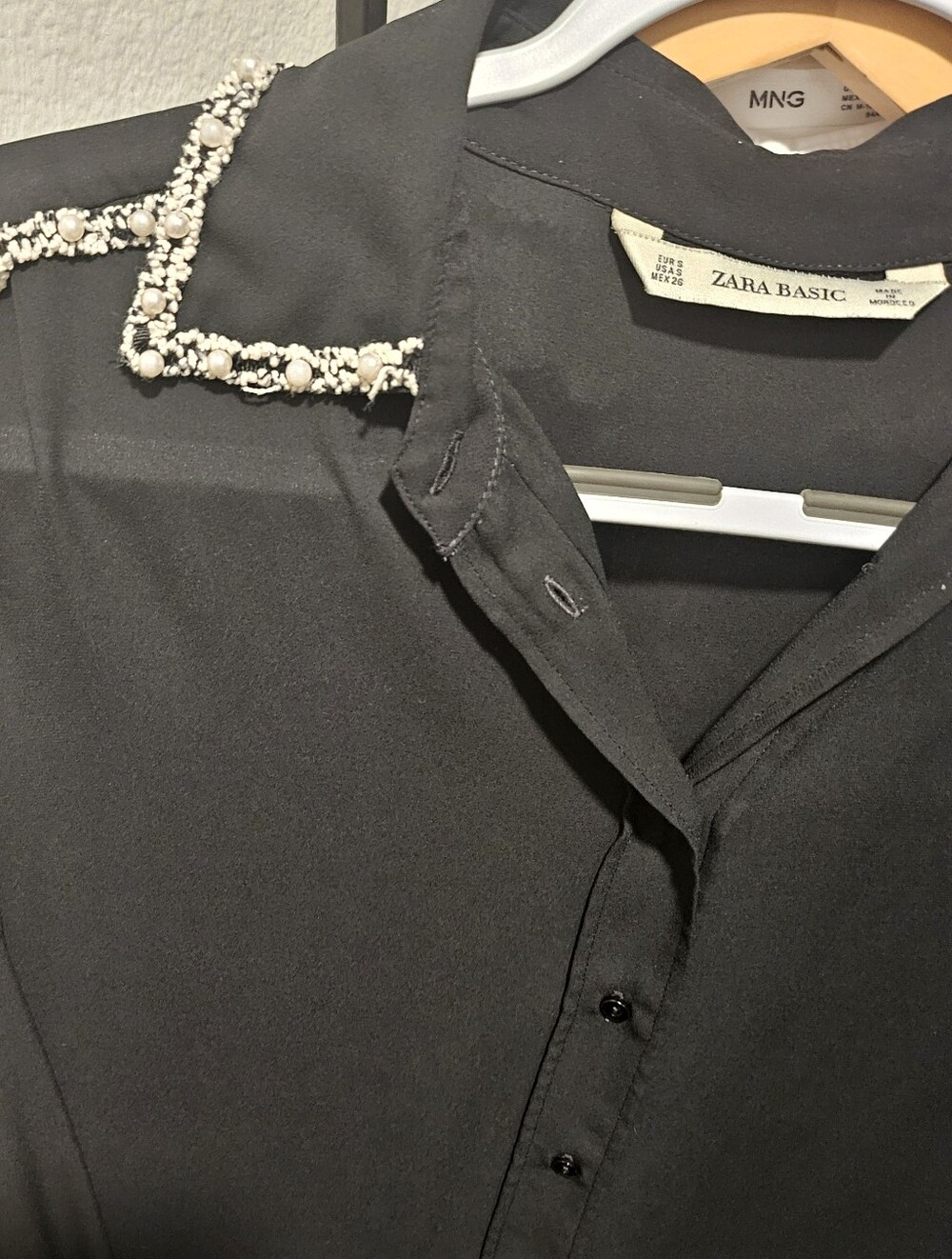 Zara Black Blouse with Pearl-Bead Trim
